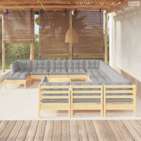   13 részes fenyőfa kerti ülőgarnitúra szürke párnákkal