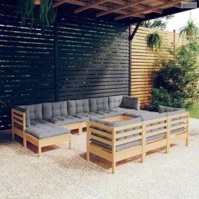   10 részes tömör fenyőfa kerti ülőgarnitúra szürke párnákkal