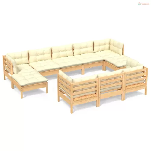 10 részes tömör fenyőfa kerti ülőgarnitúra krémszínű párnákkal