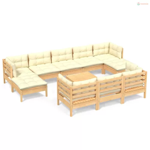 11 részes tömör fenyőfa kerti ülőgarnitúra krémszínű párnákkal