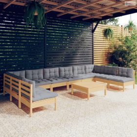   11 részes tömör fenyőfa kerti ülőgarnitúra szürke párnákkal