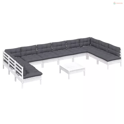 11 részes fehér tömör fenyőfa kerti ülőgarnitúra párnákkal