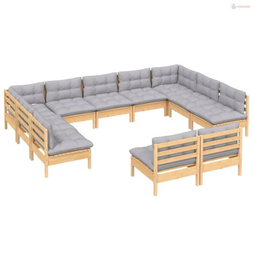 11 részes tömör fenyőfa kerti ülőgarnitúra szürke párnákkal