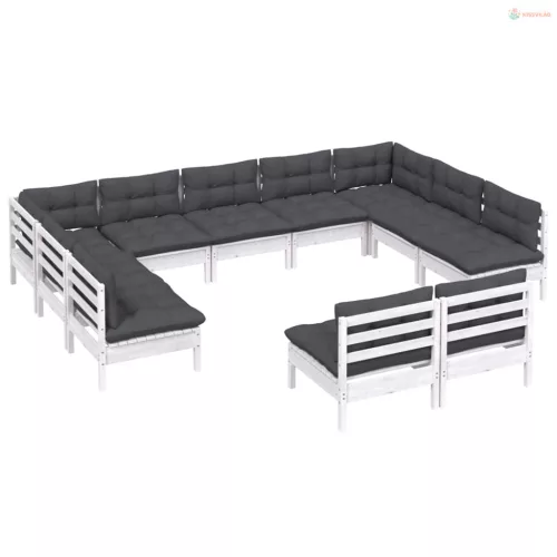 11 részes fehér tömör fenyőfa kerti ülőgarnitúra párnákkal