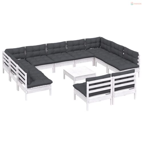 12 részes fehér tömör fenyőfa kerti ülőgarnitúra párnákkal