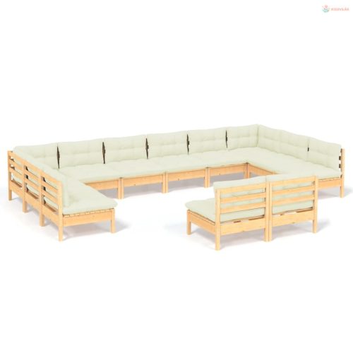 12 részes tömör fenyőfa kerti ülőgarnitúra krémszínű párnákkal