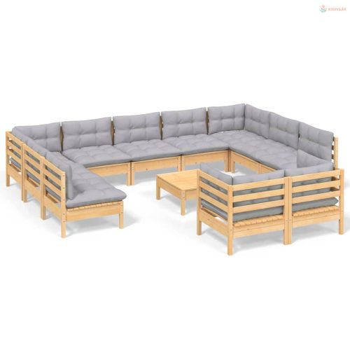 12 részes tömör fenyőfa kerti ülőgarnitúra szürke párnákkal