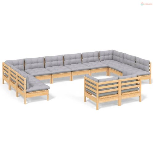 12 részes tömör fenyőfa kerti ülőgarnitúra szürke párnákkal