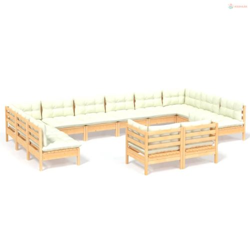 12 részes tömör fenyőfa kerti ülőgarnitúra krémszínű párnákkal