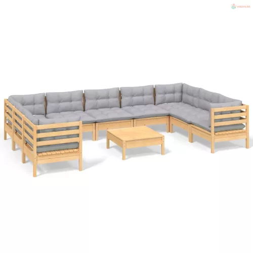 10 részes fenyőfa kerti ülőgarnitúra szürke párnákkal