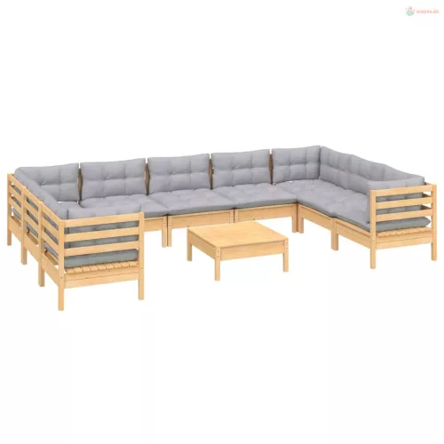 10 részes fenyőfa kerti ülőgarnitúra szürke párnákkal