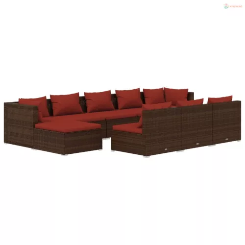 10 részes barna polyrattan kerti bútorszett párnákkal