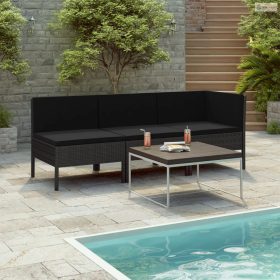 3 részes fekete polyrattan kerti bútorszett párnákkal
