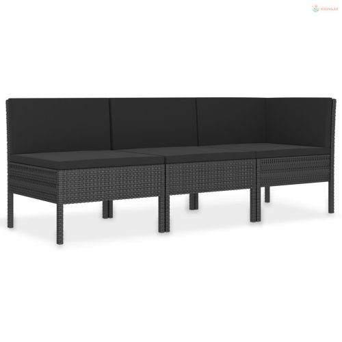3 részes fekete polyrattan kerti bútorszett párnákkal