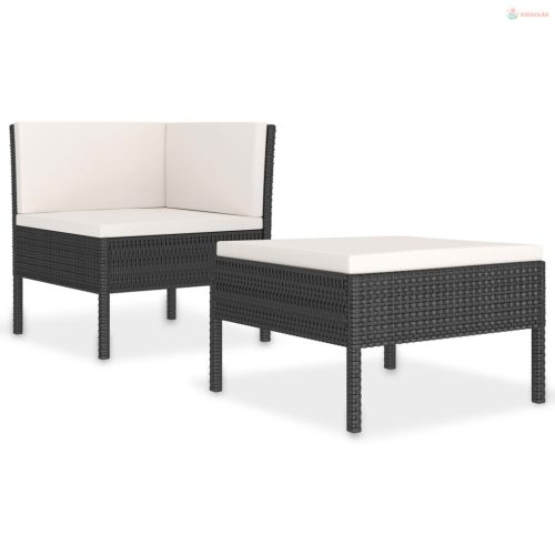 2 részes fekete polyrattan kerti bútorszett párnákkal
