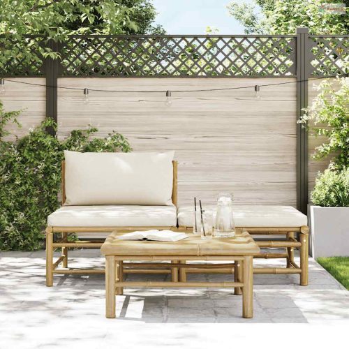 3 részes bambusz kerti bútorszett krémfehér párnákkal