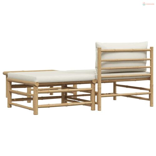 3 részes bambusz kerti bútorszett krémfehér párnákkal