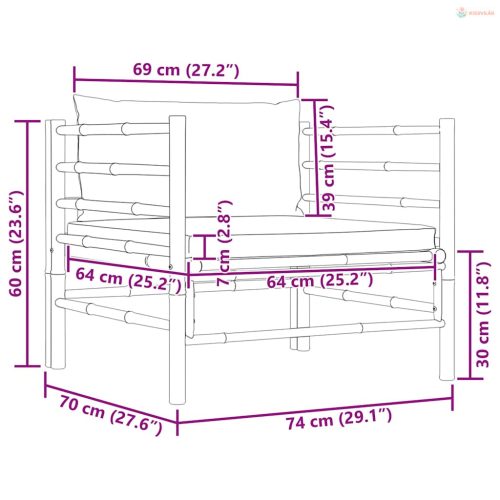 Bambusz kerti kanapé sötétszürke párnákkal