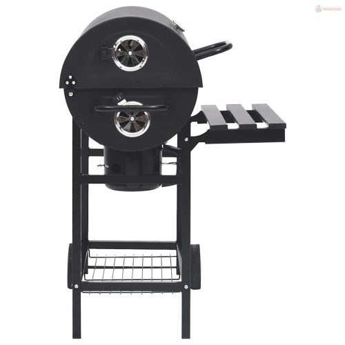 Fekete acél hengeres grillsütő kerékkel és polccal 115x85x95 cm