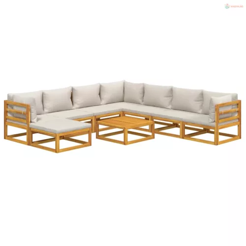 9 részes tömör fa kerti ülőgarnitúra világosszürke párnákkal