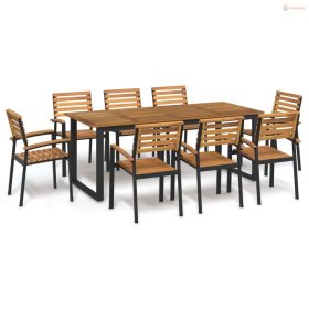   9 részes szürke tömör akácfa és fém kerti étkezőgarnitúra