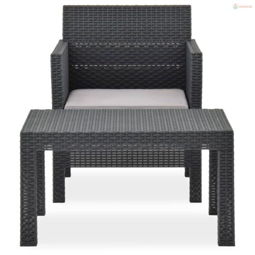 2 részes antracitszürke PP rattan kerti pihenőszett párnával