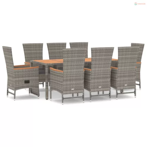 9 részes szürke polyrattan kerti étkezőgarnitúra párnával