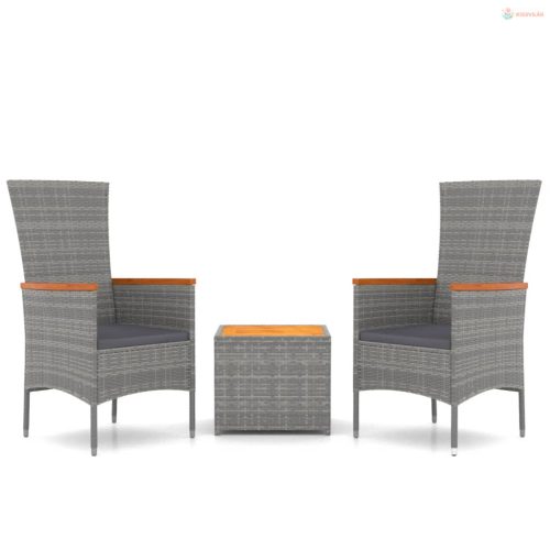 3 részes szürke polirattan/tömör akácfa kerti társalgógarnitúra