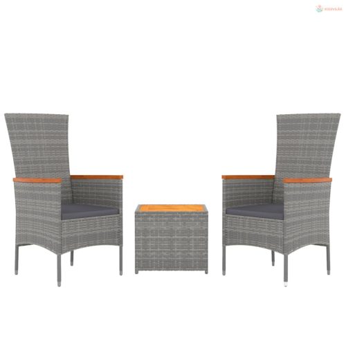 3 részes szürke polirattan/tömör akácfa kerti társalgógarnitúra