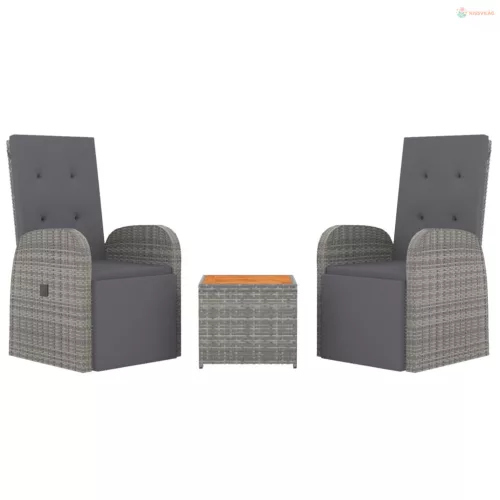 3 részes szürke polirattan/tömör akácfa kerti társalgógarnitúra