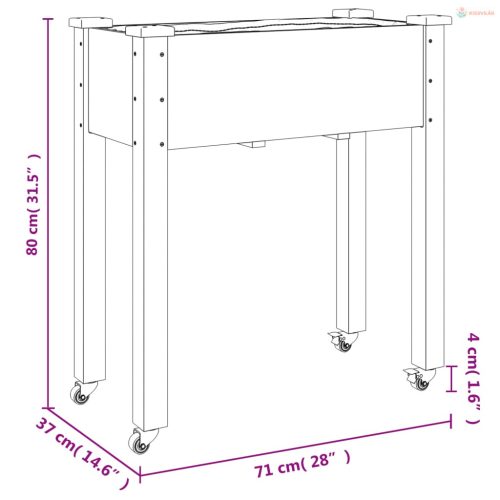 Barna tömör fenyőfa kerekes ültetőláda béléssel 71 x 37 x 80 cm