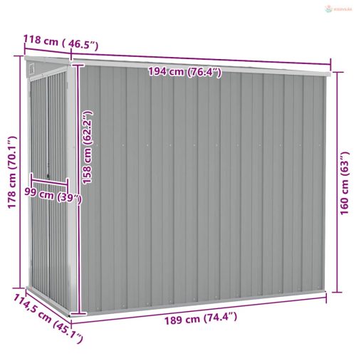 Szürke acél falhoz erősíthető kerti fészer 118 x 194 x 178 cm