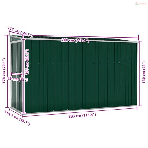 Zöld acél falhoz erősíthető kerti fészer 118 x 288 x 178 cm