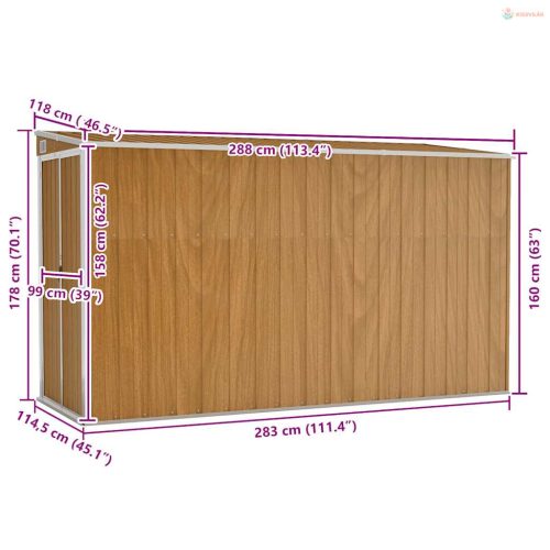 Barna színű, falra szerelhető kerti fészer 118 x 288 x 178 cm horganyzott acélból