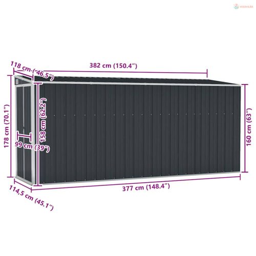 Antracitszürke acél falhoz erősíthető fészer 118 x 382 x 178 cm
