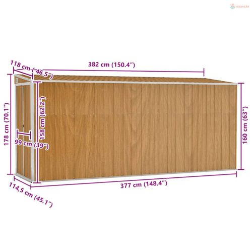 Barna színű, falra szerelhető kerti fészer 118 x 382 x 178 cm horganyzott acélból