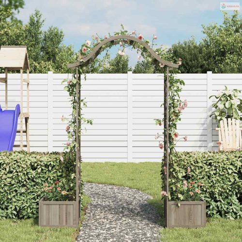 Szürke tömör fenyőfa kerti lugas virágtartóval