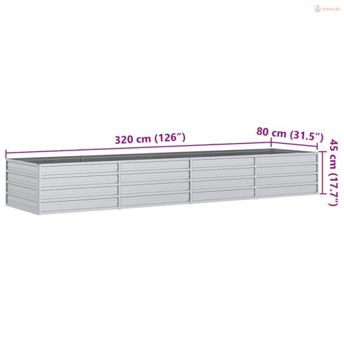 Ezüstszínű horganyzott acél kerti magaságyás 320 x 80 x 45 cm