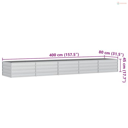 Ezüstszínű horganyzott acél kerti magaságyás 400 x 80 x 45 cm