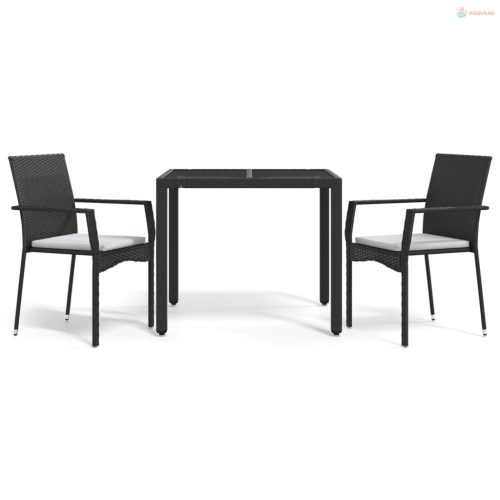 3 részes fekete polyrattan kerti étkezőgarnitúra párnákkal