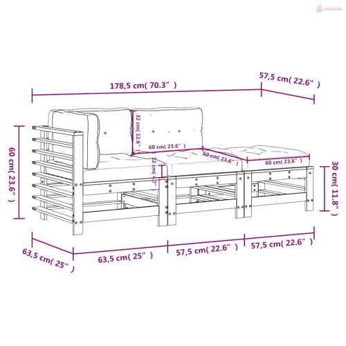 3 részes szürke tömör fa kerti ülőgarnitúra párnával