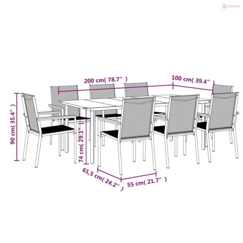 9 részes fekete textilén és acél kerti pihenőgarnitúra
