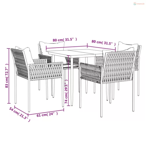 5 részes polyrattan és acél kerti étkezőgarnitúra párnával