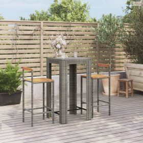   3 részes szürke polyrattan és tömör akácfa kerti bárszett