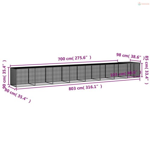 Antracitszürke horganyzott acél tyúkketrec tetővel 803x98x90 cm