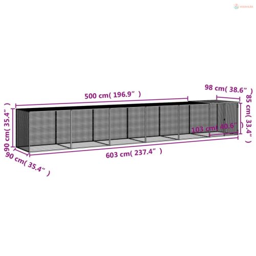 Világosszürke horganyzott acél tyúkketrec tetővel 603x98x90 cm