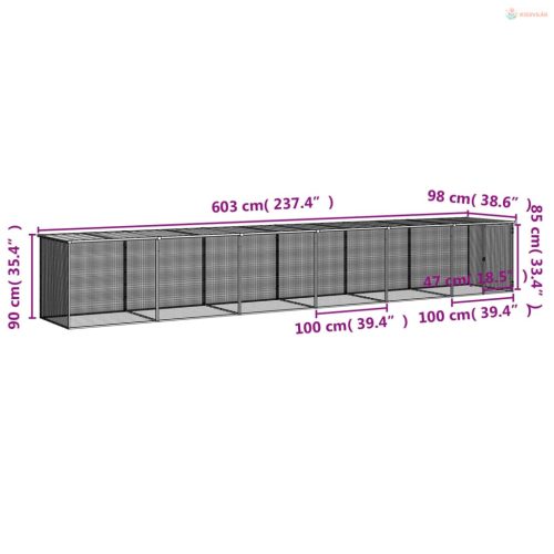 Antracitszürke horganyzott acél tyúkketrec tetővel 603x98x90 cm