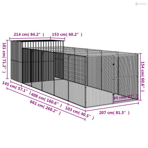 Antracitszürke horganyzott acél kutyakennel 214x661x181 cm