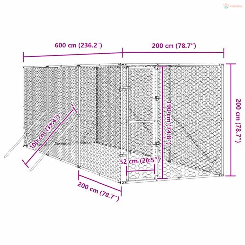 Ezüstszínű kültéri horganyzott acél kutyakennel 2x6x2 m