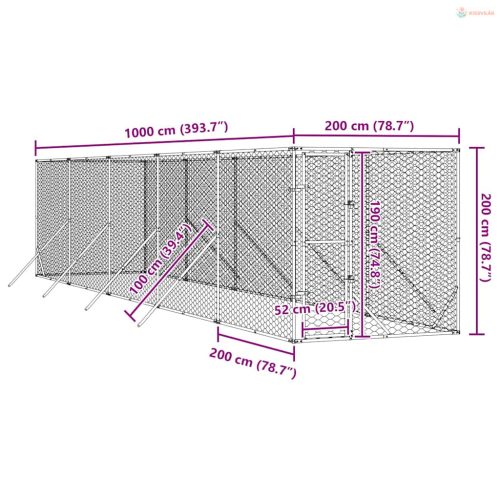 Ezüstszínű kültéri horganyzott acél kutyakennel 2 x 10 x 2 m